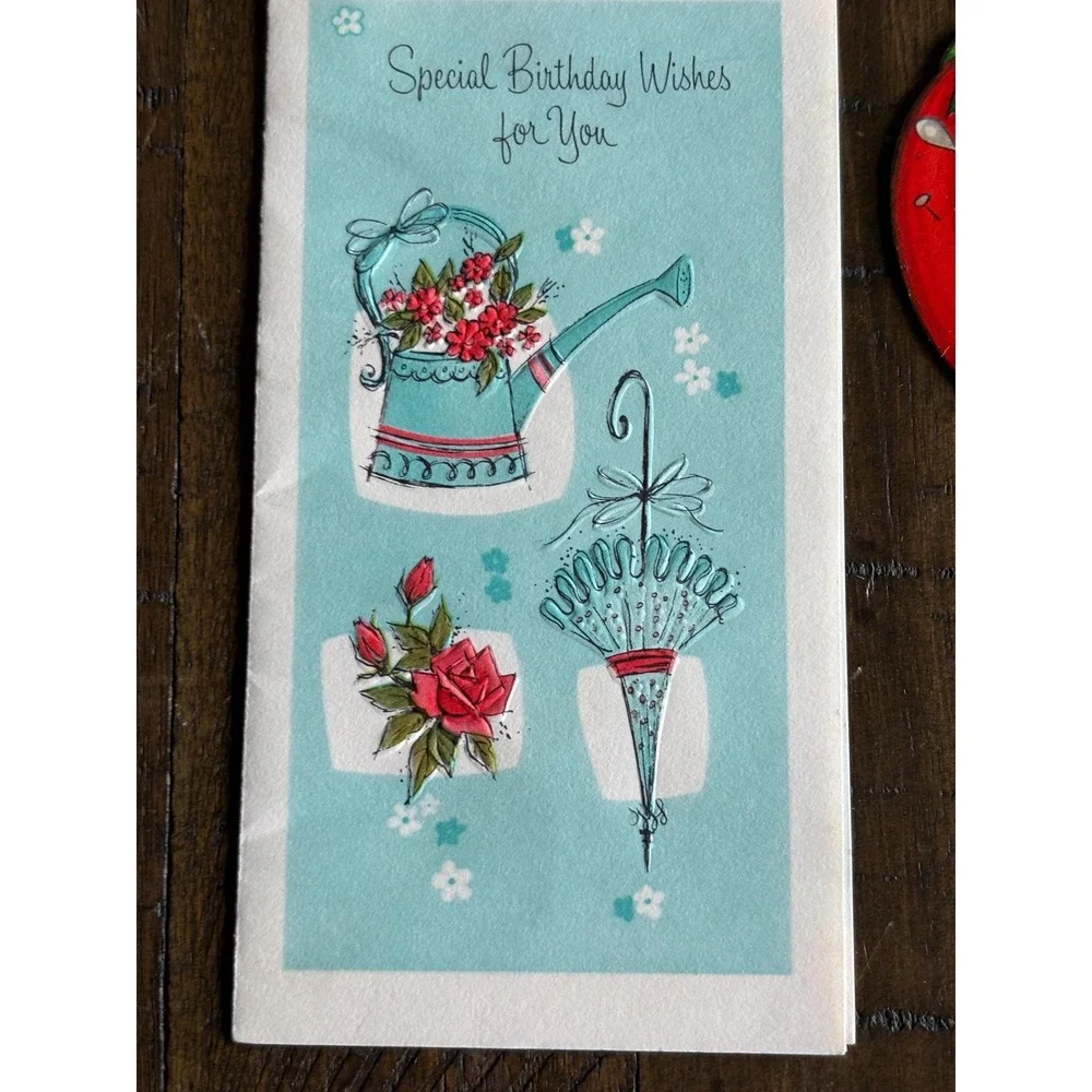 5 VTG Birthday Cards Signed 1950's Tomatoe Kitten Magnolia Rise Hallmark Mica‎